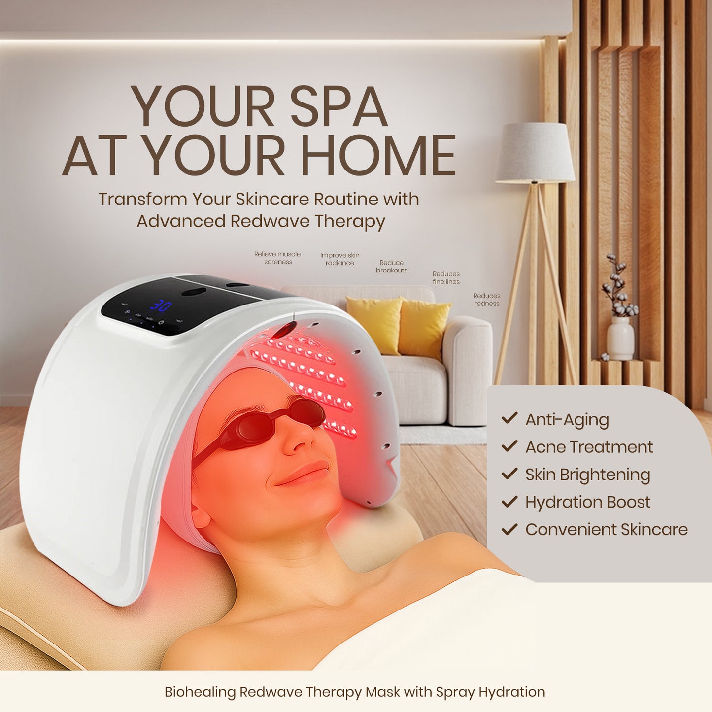 LED Face Light Therapy Mask with Spray Hydration – 7 Color Modes