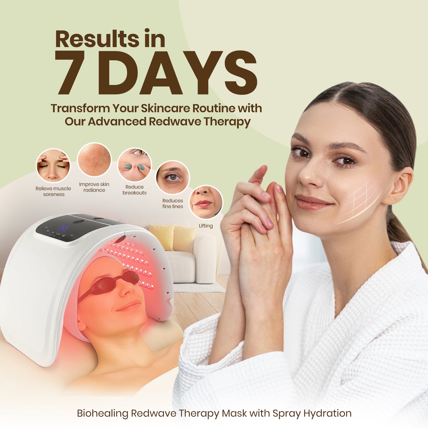 LED Face Light Therapy Mask with Spray Hydration – 7 Color Modes